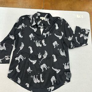 NWT Lagence Tyler Black White Silk Jaguar Printed Button Up Shirt L